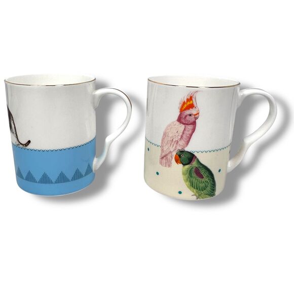 Yvonne Ellen Leopard Parrots Coffee Mugs White Animal Print Birds Lot of 2 Cups - Picture 1 of 9